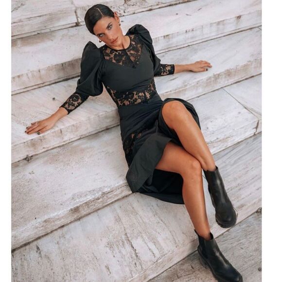 Lace Dress H&M Black Taffeta NWT Puff Sleeves - Picture 2 of 12